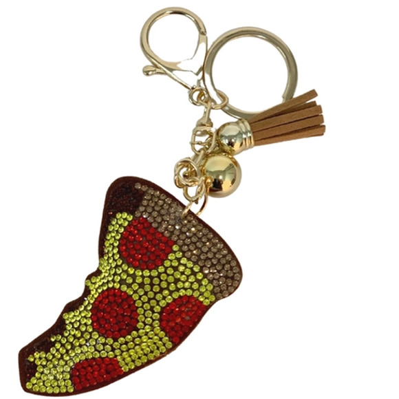 Bling Crystal Pepperoni Pizza Tassel Keychain Keyring Bag Purse Charm - Picture 1 of 4